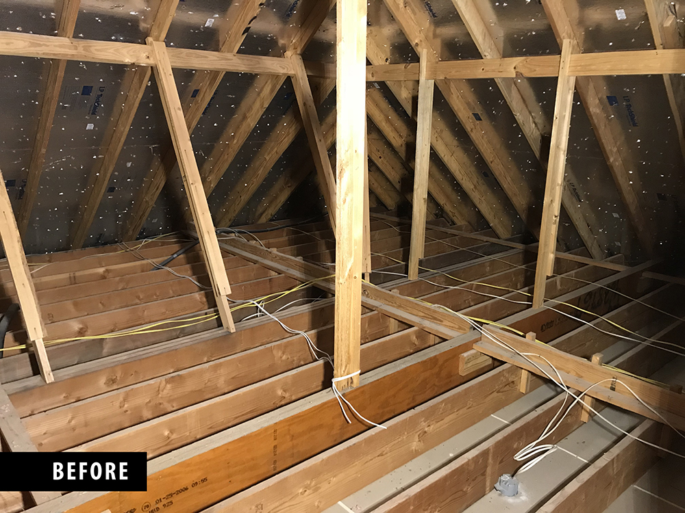 An attic space before flooring is installed.