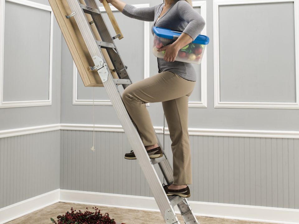 A women standing on a ladder leading up to an attic.